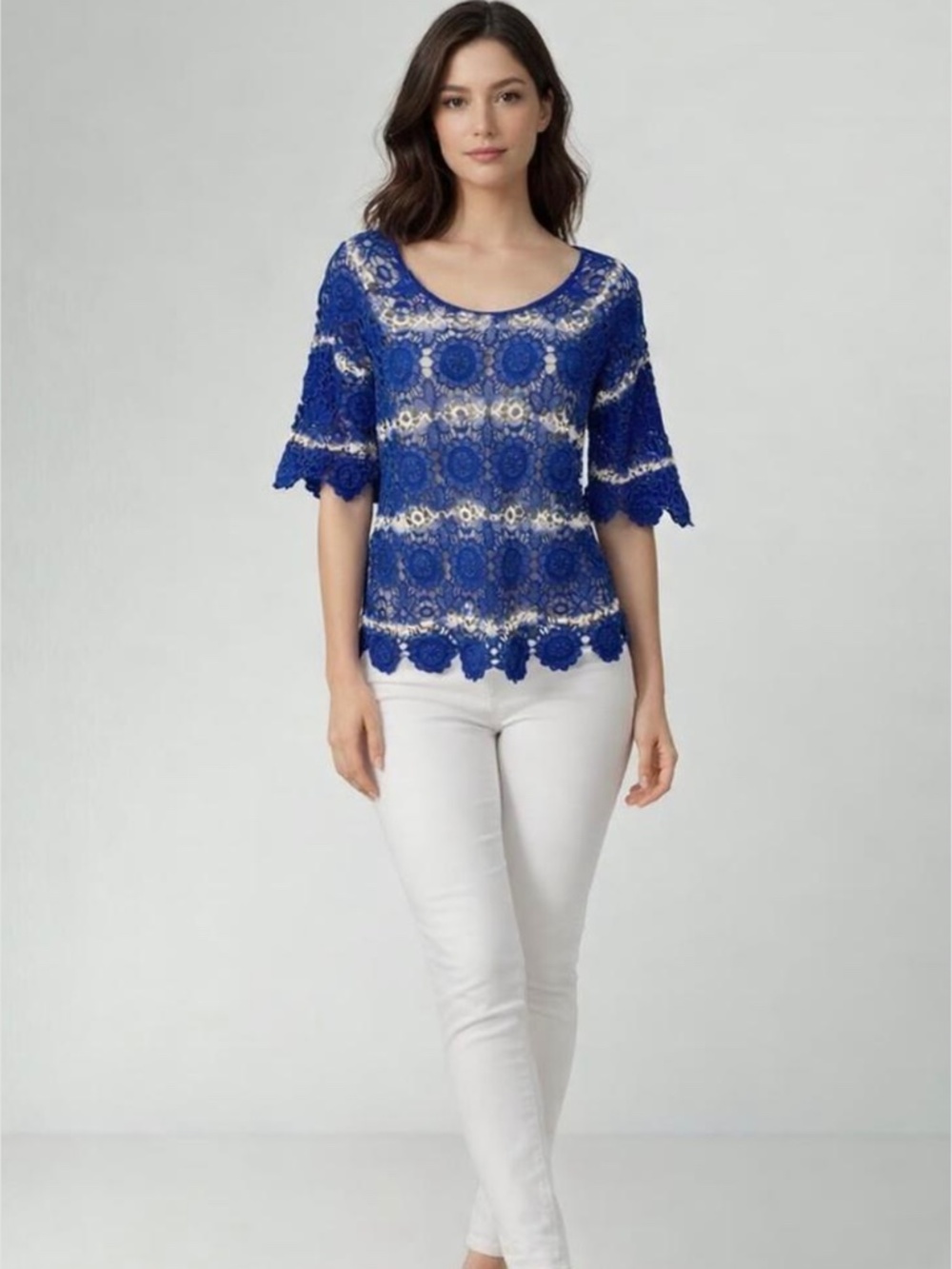 Vintage Royal Blue Sheer Crocheted Lace Women's Boho Festival Top